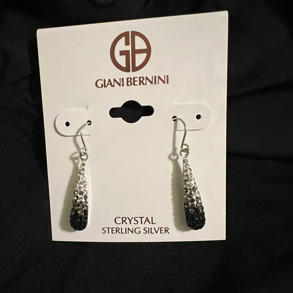 NWT, GIANI BERNINI, STERLING SILVER DROP EARRINGS W/BLK & CLEAR CZ CRYSTALS